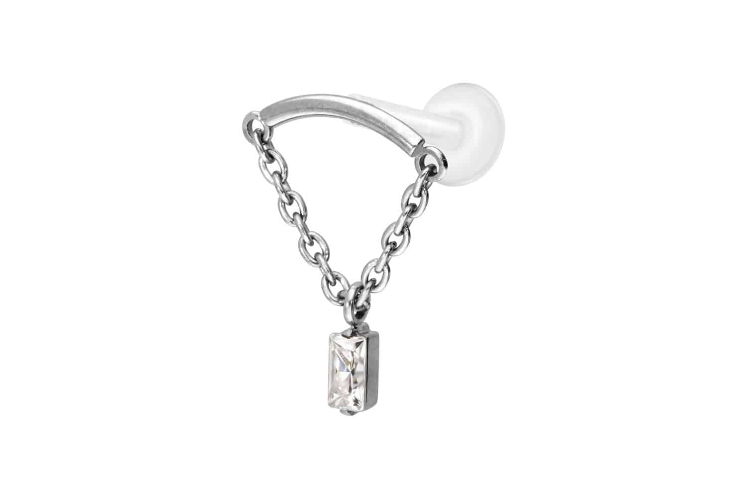 PTFE Labret Piercing mit Innengewinde + Titan-Aufsatz BOGEN + KETTE + KRISTALLRECHTECK